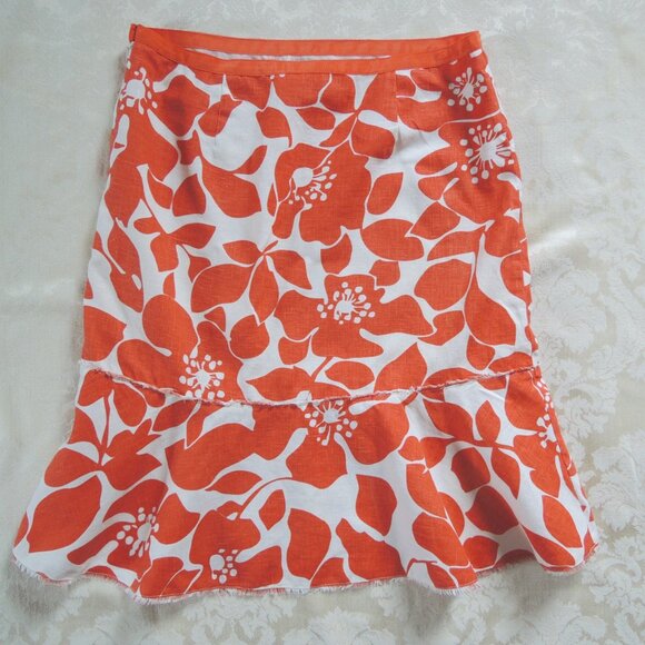 J. Crew Orange & White Floral Linen Trumpet Skirt 8 - Picture 6 of 7